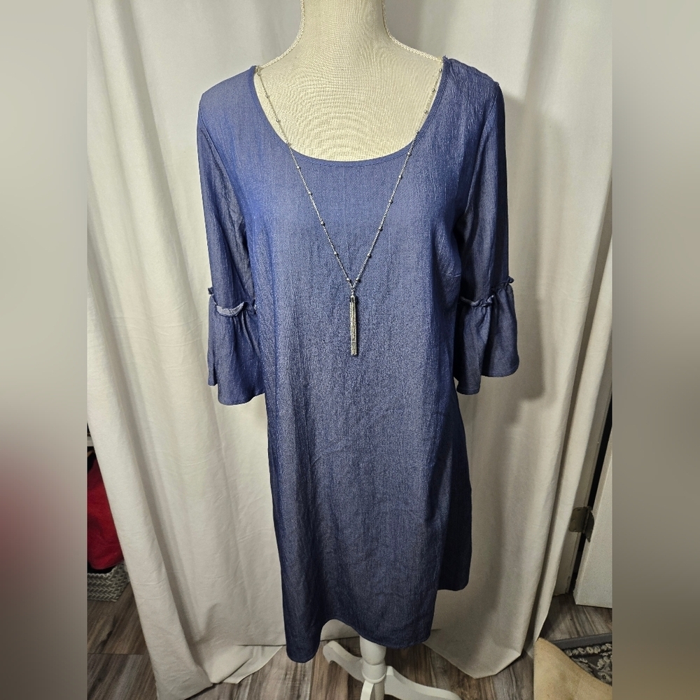Naif Womens Size M Denim Chambray Bell Sleeve Dress Criss Cross Back NWT